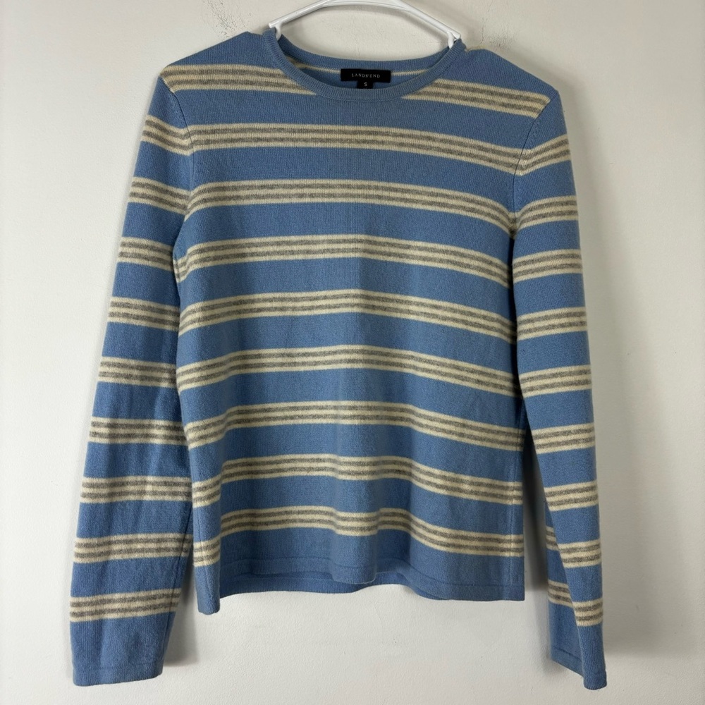 Lands' End Kaschmir Sweater Womens S Light Blue Ivory Stripe Classic Preppy